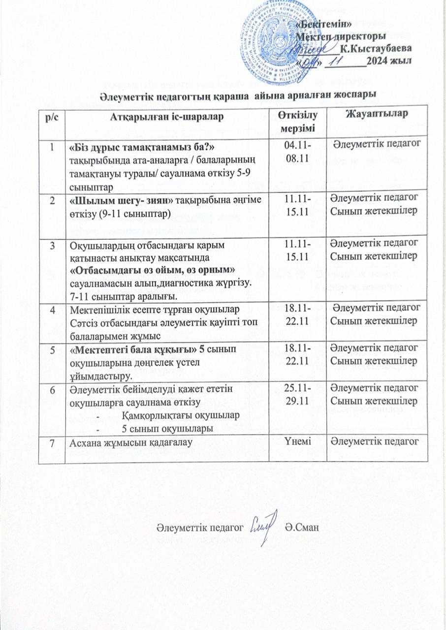 Әлеуметтік педагогтың қараша айына арналған жоспары