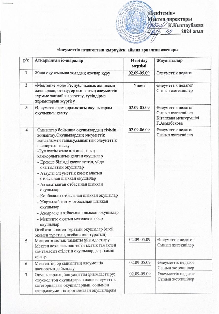 Әлеуметтік педагогтың қыркүйек айына арналған жоспары