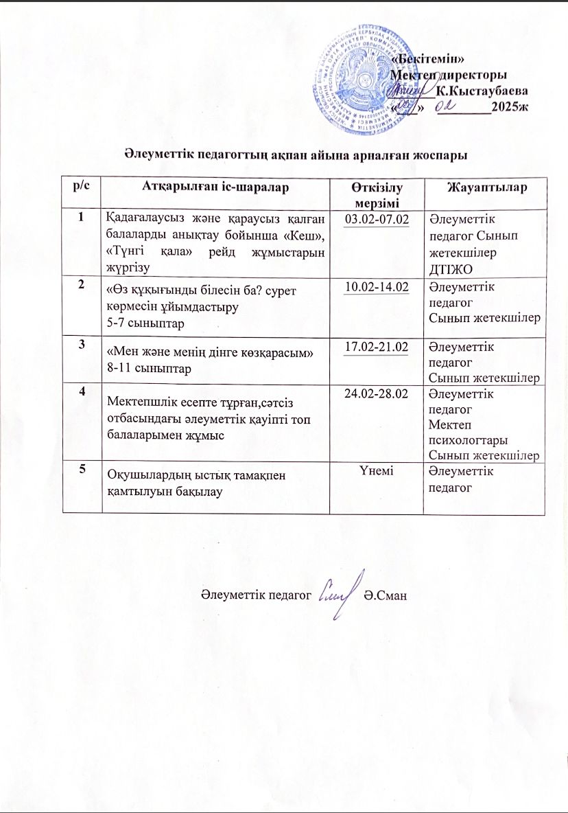 Әлеуметтік педагогтың ақпан айына арналған жоспары