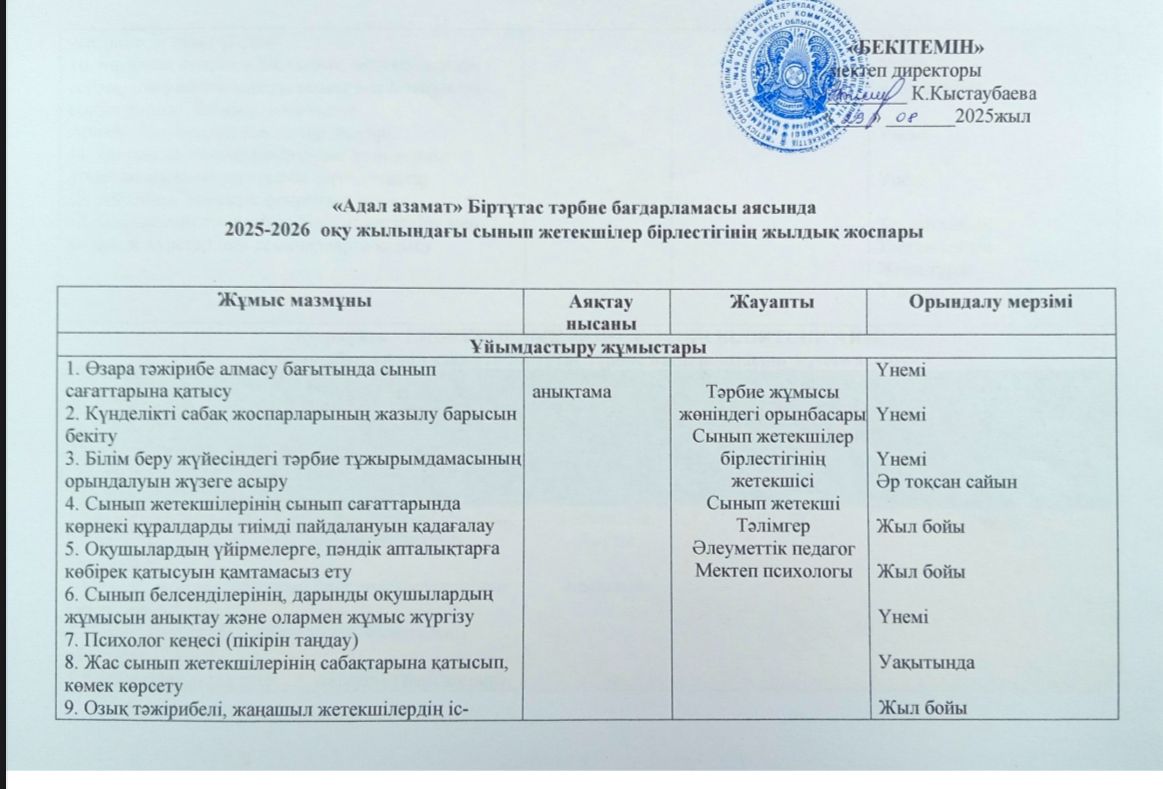 "Адал азамат" Біртұтас тәрбие бағдарламасы аясында 2025-2026 оқу жылындағы сынып жетекшілер бірлестігінің жылдық жоспары