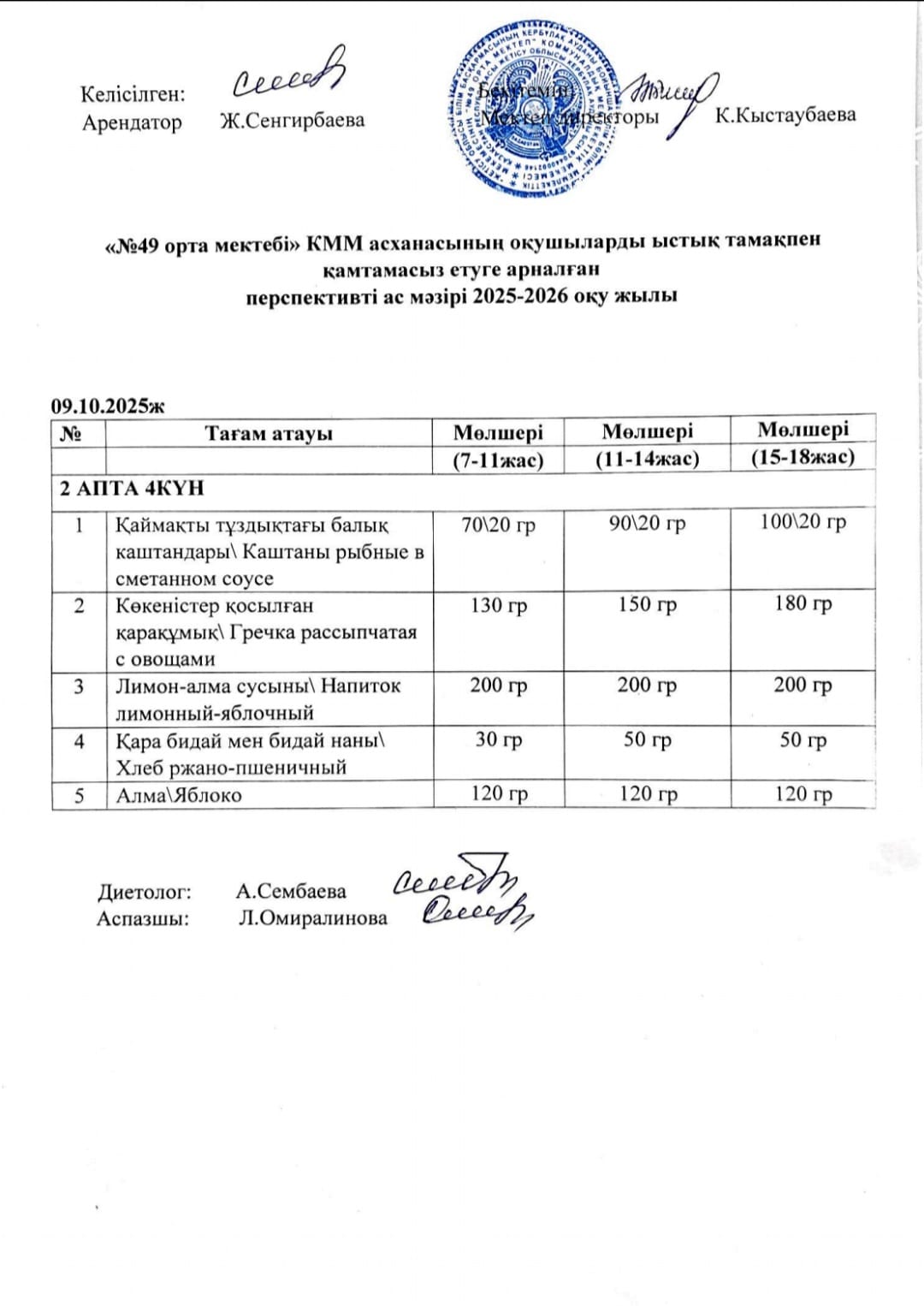 Жалпыға бірдей білім беру қорынан тегін ыстық тамақпен тамақтанатын оқушыларына арналған тағамдардың ас мәзірі