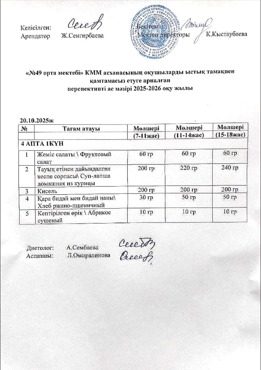 Жалпыға бірдей білім беру қорынан тегін ыстық тамақпен тамақтанатын оқушыларына арналған тағамдардың ас мәзірі