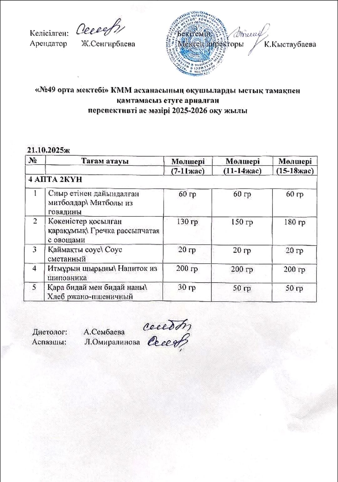 Жалпыға бірдей білім беру қорынан тегін ыстық тамақпен тамақтанатын оқушыларына арналған тағамдардың ас мәзірі