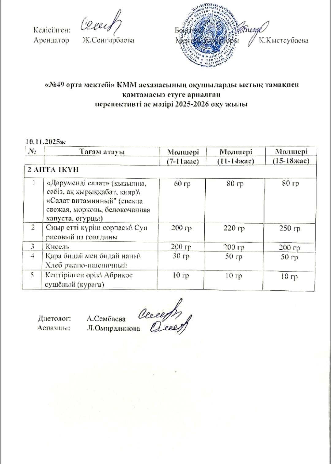 Жалпыға бірдей білім беру қорынан тегін ыстық тамақпен тамақтанатын оқушыларына арналған тағамдардың ас мәзірі